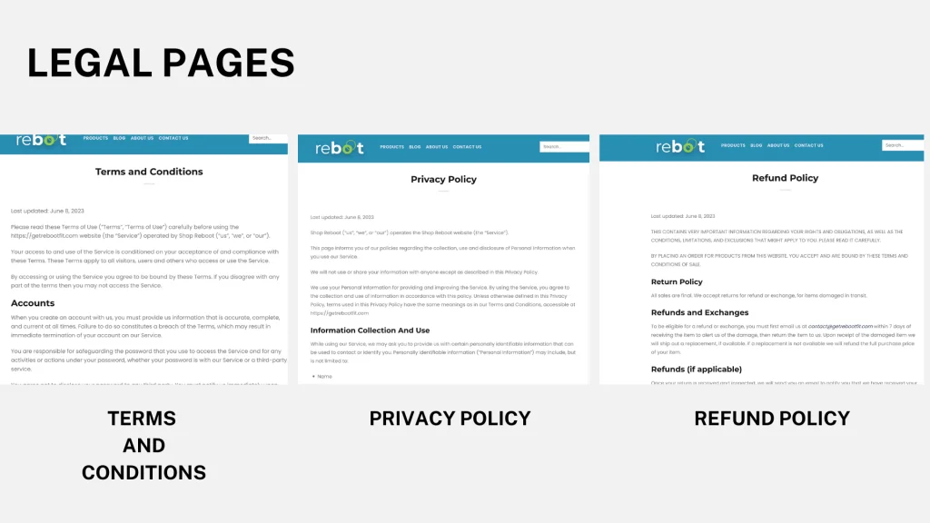 Legal pages of our site, which includes terms and conditions page, privacy policy, and refund policy.